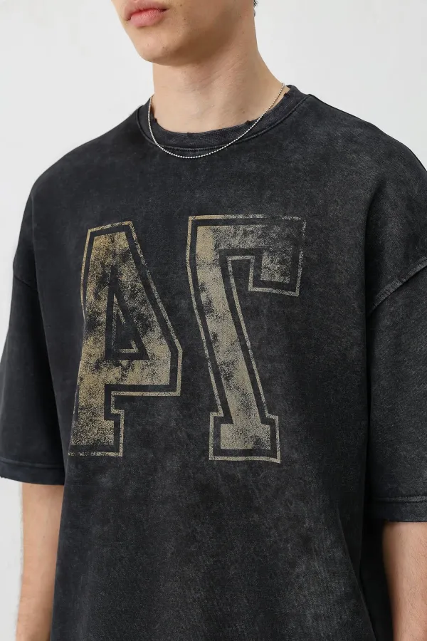 Yıkamalı Baskılı Oversize Tişört Siyah