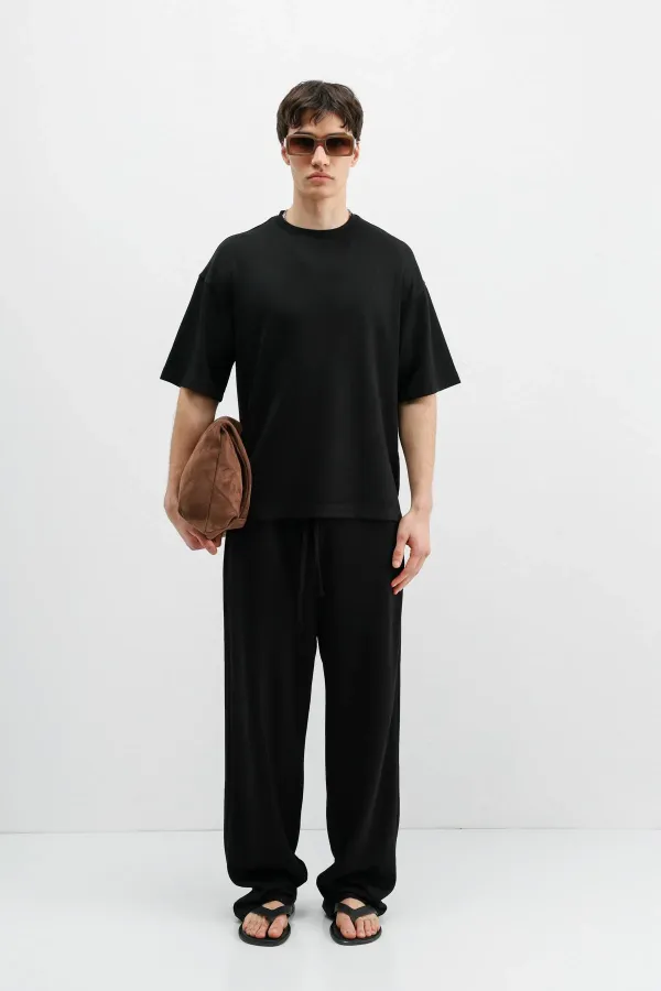 Fitilli Dokulu Baggy Eşofman Alt Siyah