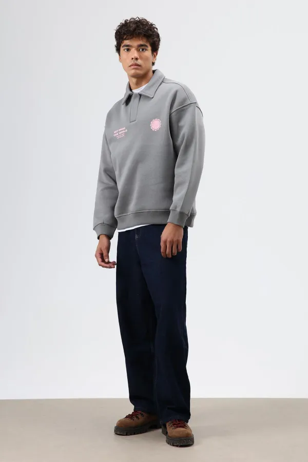 Polo Yaka Oversize Baskılı Yıkamalı Sweatshirt Füme