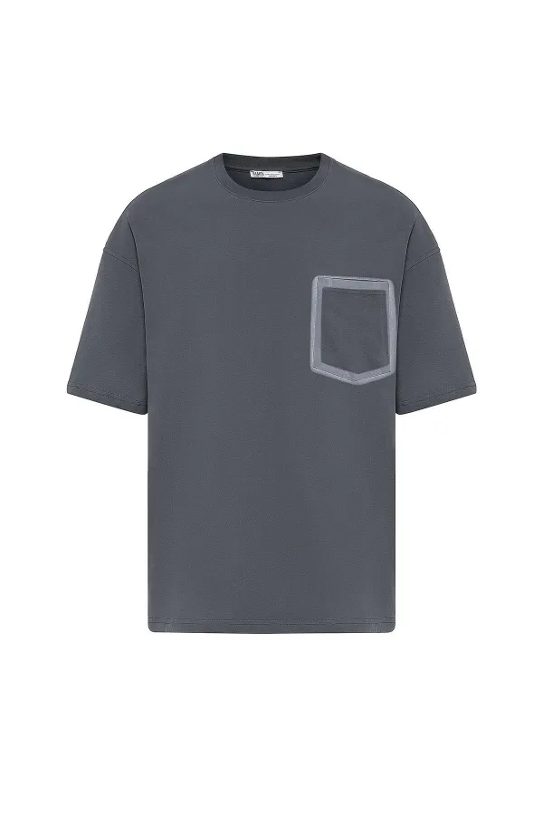 Bisiklet Yaka Cepli Oversize Tişört Füme