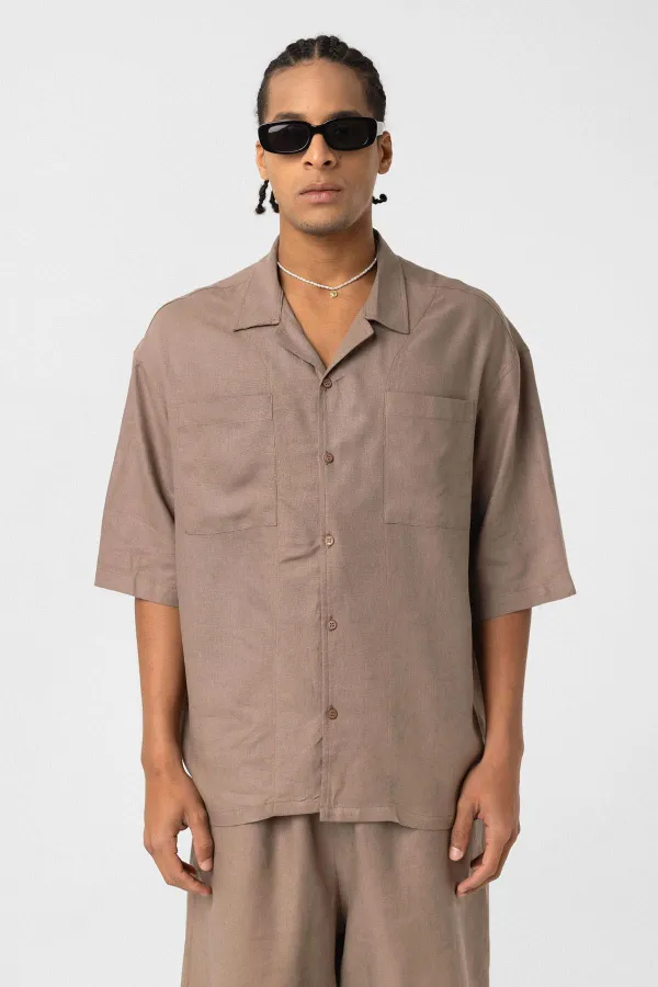 Double Pocket Oversize Linen Shirt, Mink