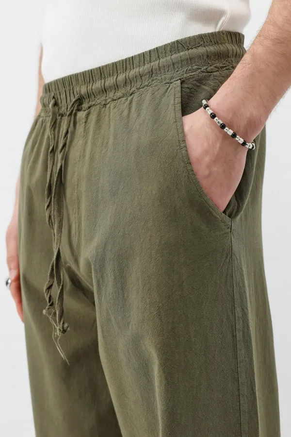 Pantalon ample en lin kaki avec taille élastique
