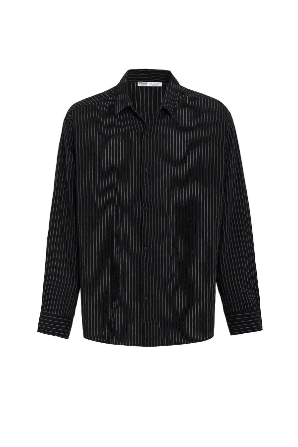 Oversize Çizgili Uzun Kollu Gömlek Siyah