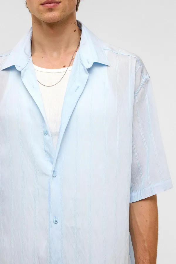 Oversize Çizgili Kısa Kollu Modal Kumaş Gömlek Bebe Mavi