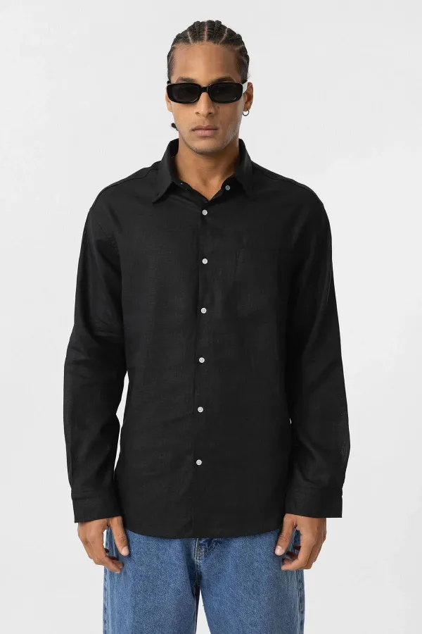 Cep Detaylı Oversize Uzun Kol Gömlek Siyah