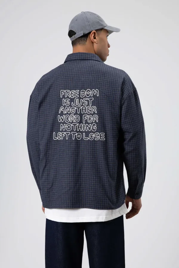 Oversize Baskılı Günlük Kareli Gömlek Lacivert