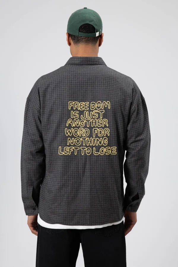 Oversize Baskılı Günlük Kareli Gömlek Füme