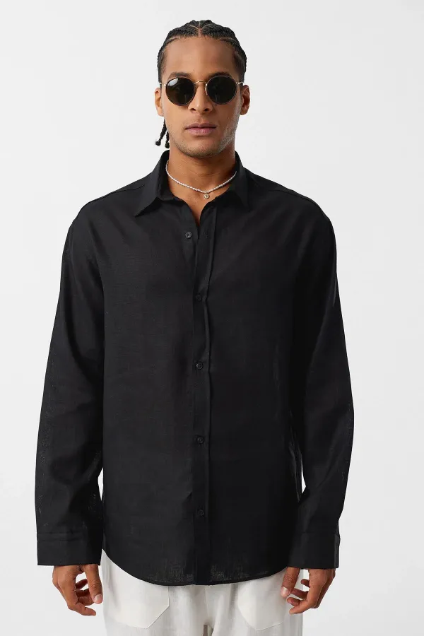 Basic Oversize Uzun Kollu Keten Gömlek Siyah