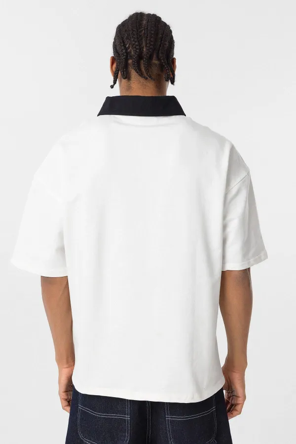 Polo Yaka Oversize Baskılı Tişört Ekru