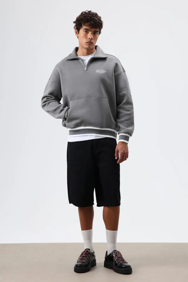 Sweat-shirt oversize à col polo, gris foncé