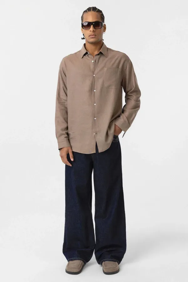 Cep Detaylı Oversize Uzun Kol Gömlek Vizon