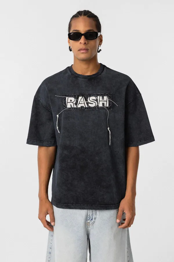 Yıkamalı Oversize Baskılı Tişört Siyah