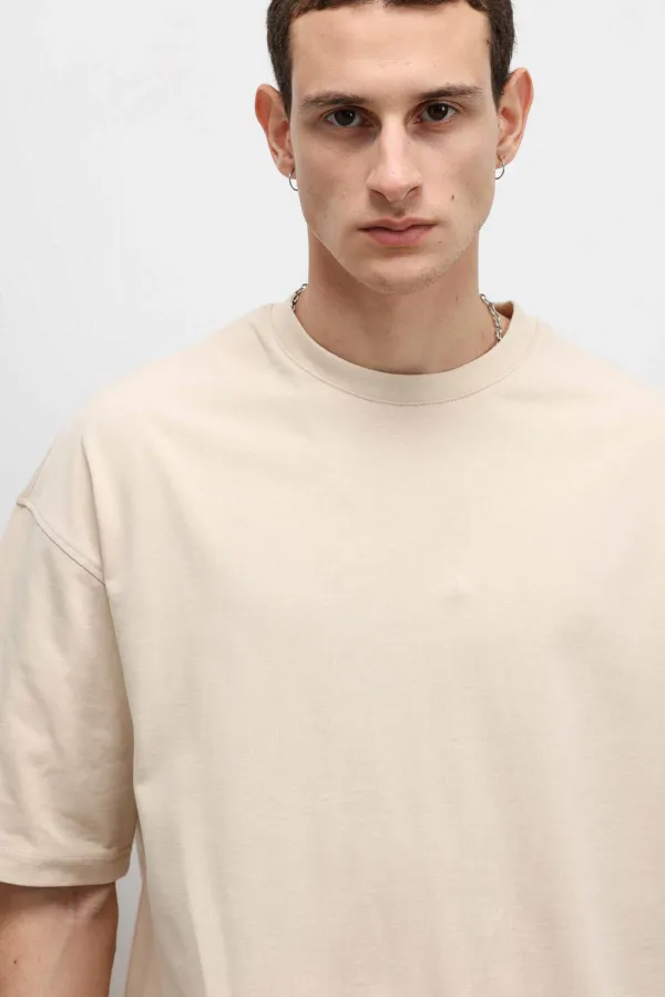 Basic Oversize Bisiklet Yaka Tişört Bej