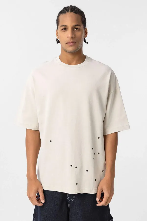 Yıkamalı Metal Detaylı Oversize Tişört Taş