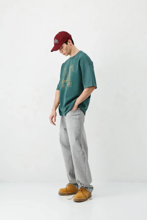 Yıkamalı Baskılı Oversize Tişört Nefti
