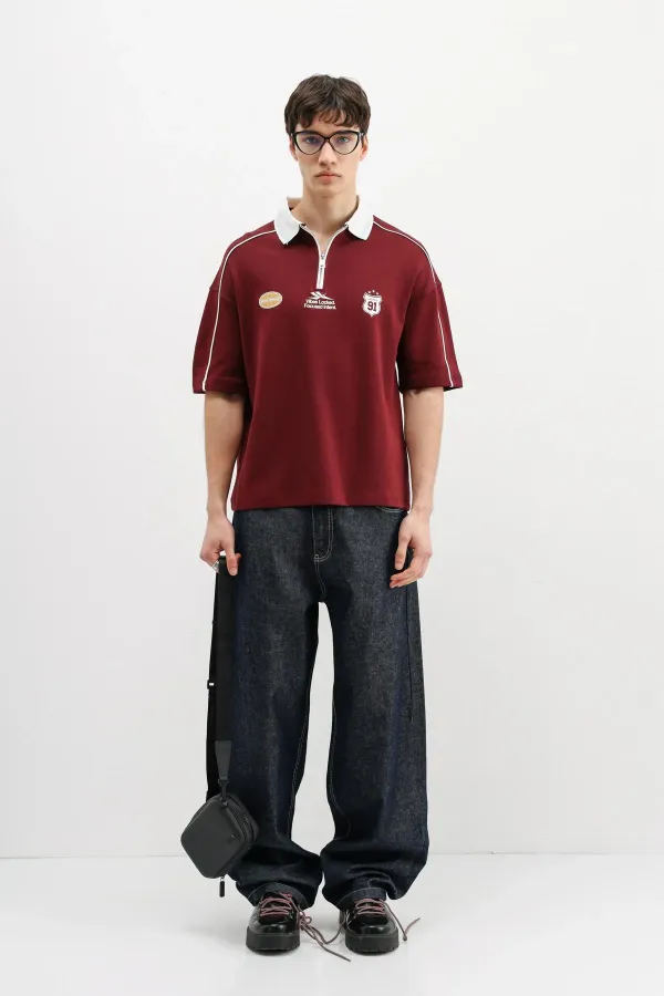 Fermuarlı Yaka Baskılı Oversize Tişört Bordo