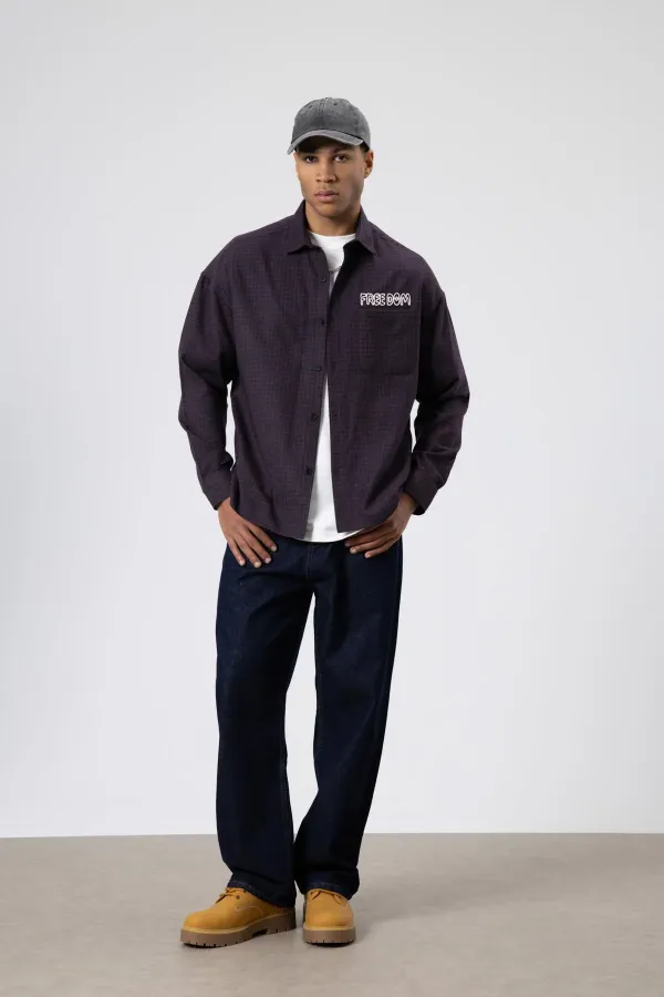 Oversize Baskılı Günlük Kareli Gömlek Bordo