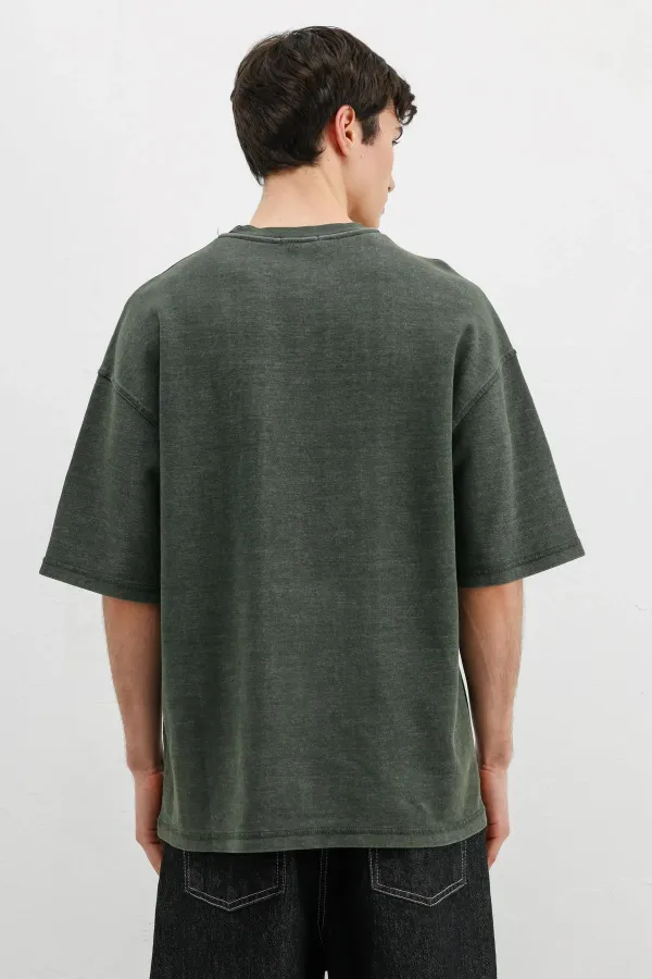 Yıkamalı Yazı Baskılı Oversize Tişört Nefti