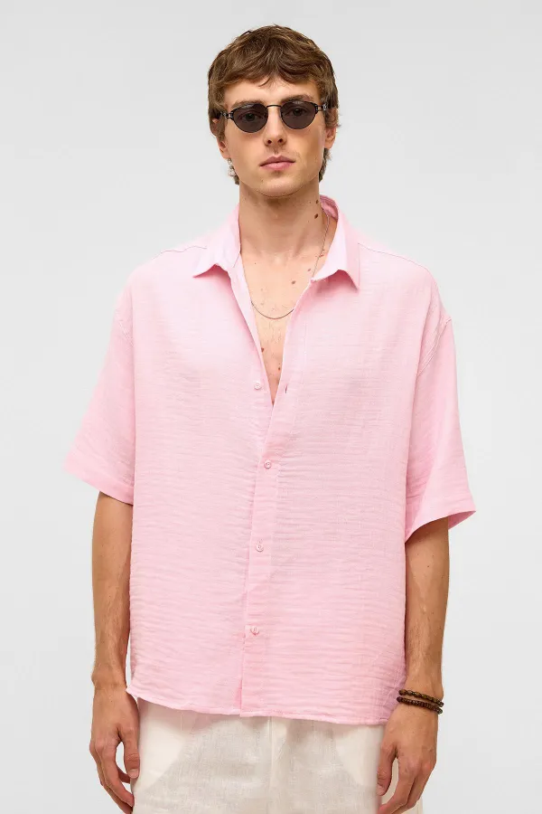 Oversize Kısa Kollu Müslin Kumaş Gömlek Pembe