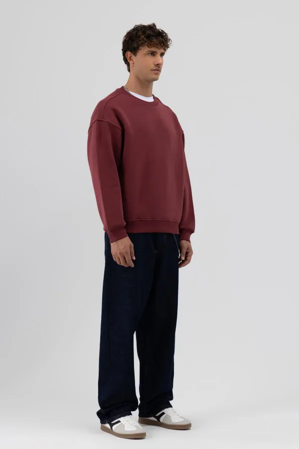 Sweat-shirt oversize basique à col rond bordeaux
