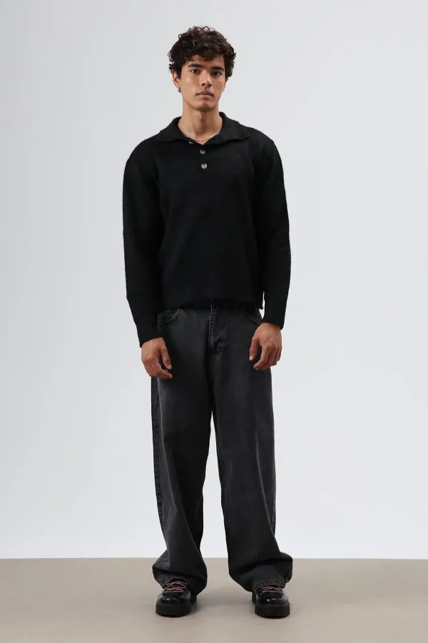 Pull en maille douce texturée à col polo noir