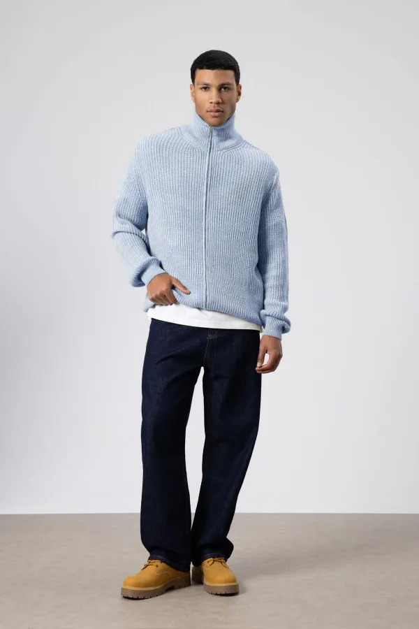 Oversize Zip-Up Knitted Cardigan, Baby Blue