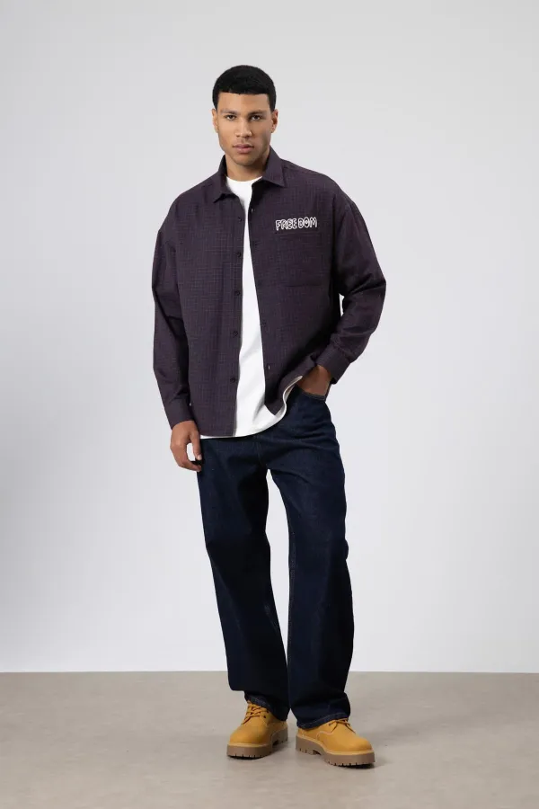 Oversize Baskılı Günlük Kareli Gömlek Bordo