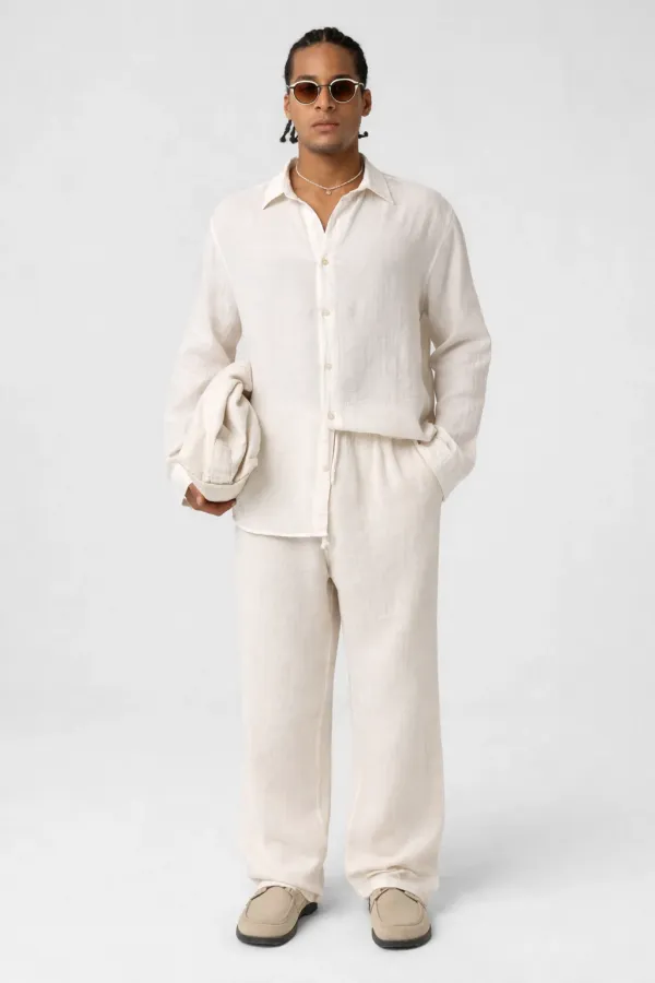 Baggy Fit Müslin Keten Pantolon Naturel