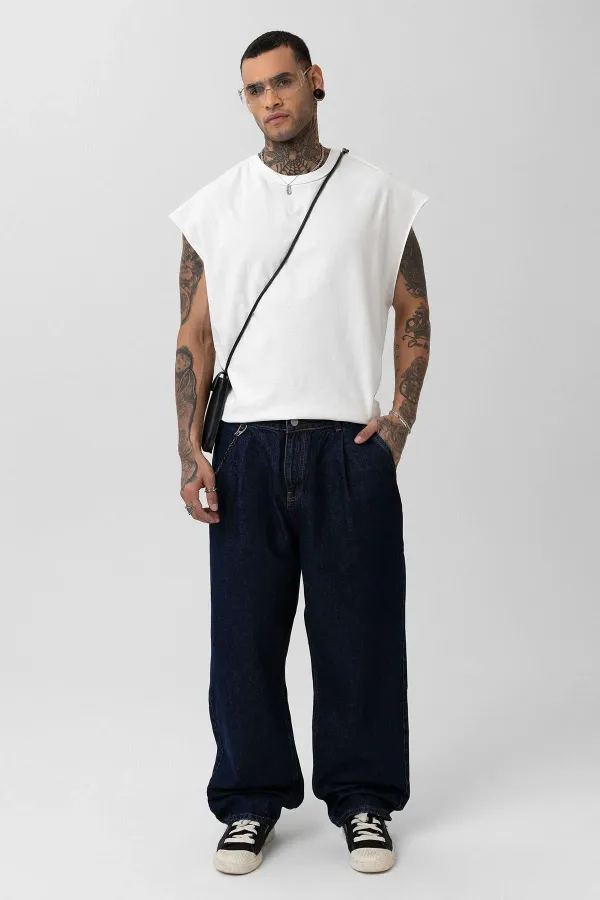 Pileli Zincir Detaylı Baggy Jean Koyu Mavi