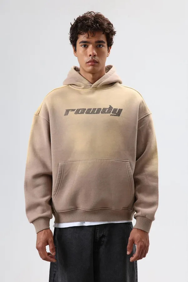 Sweat à capuche oversize imprimé délavé, couleur vison