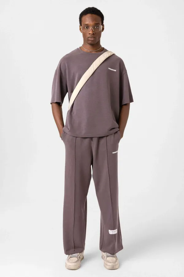 Label Detailed Oversize Modal Fabric Tracksuit Set Coffee