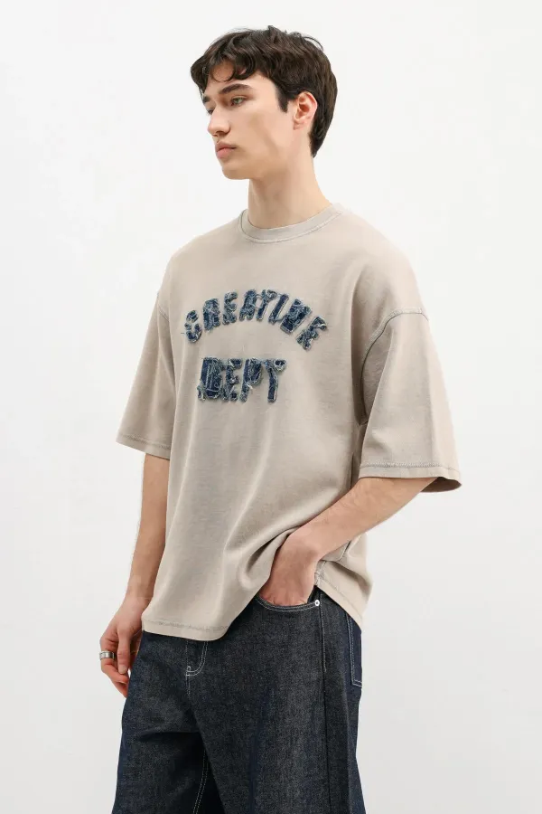 Yıkamalı Yazı Baskılı Oversize Tişört Bej