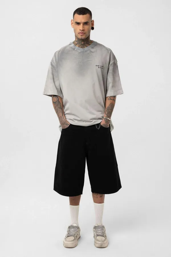 Yıkamalı Yazı Detaylı Oversize Tişört Gri