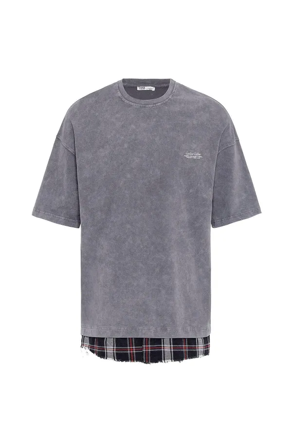 Yıkamalı Oversize Ekose Detaylı Tişört Füme