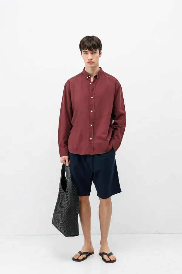 Basic Oversize Pamuk  Keten Gömlek Bordo