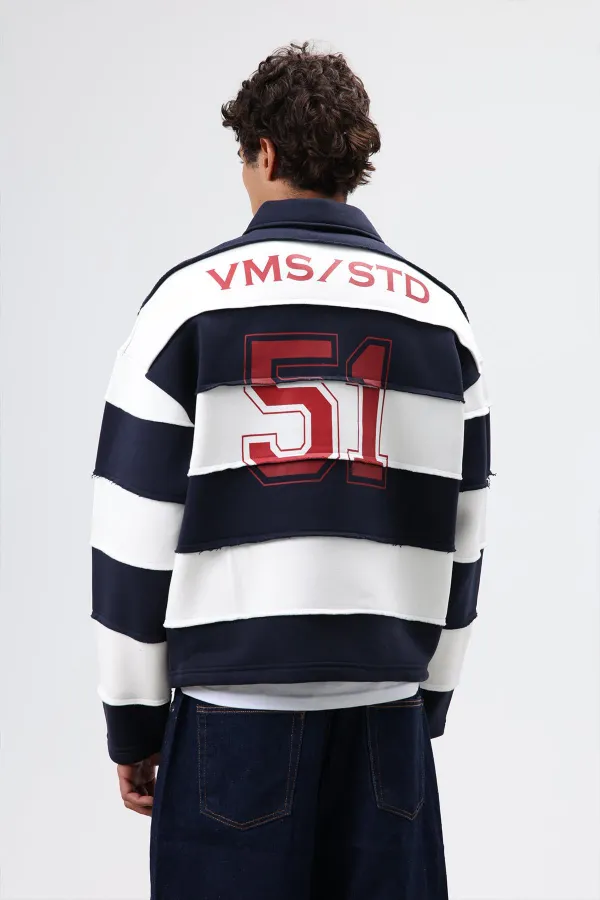 Oversize Şeritli Baskılı Sweatshirt Koyu Lacivert