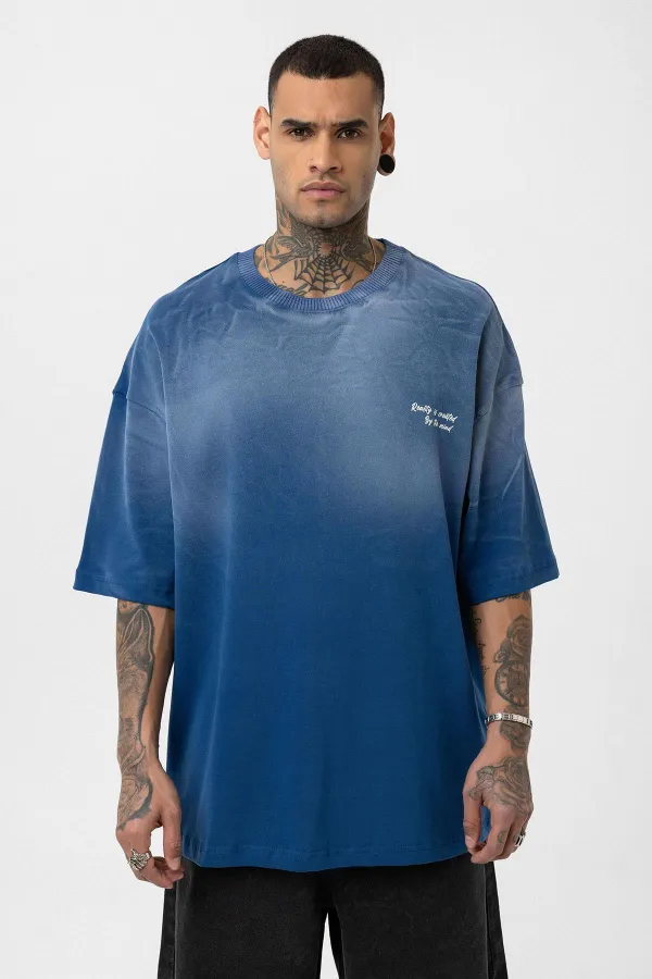 T-shirt oversize délavé avec détail texte, indigo