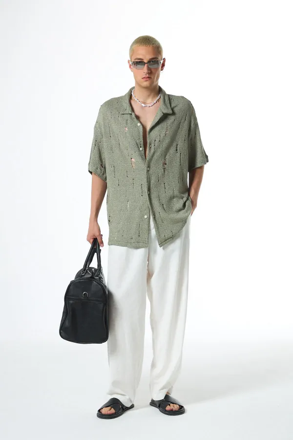 Oversize Deliklı Triko Gömlek Haki