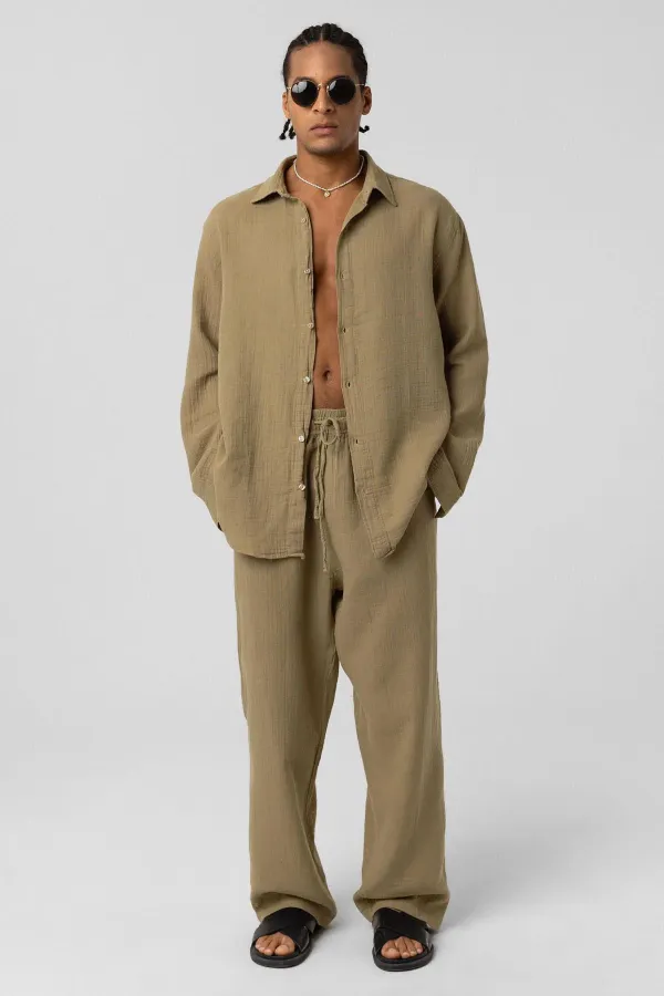 Baggy Fit Muslin Linen Trousers Khaki