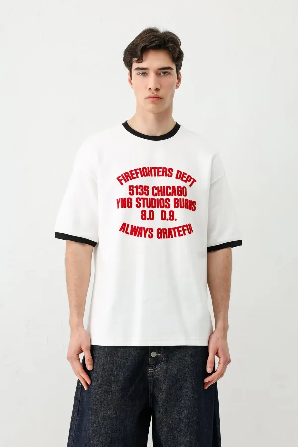 Baskılı Bisiklet Yaka Oversize Tişört Ekru