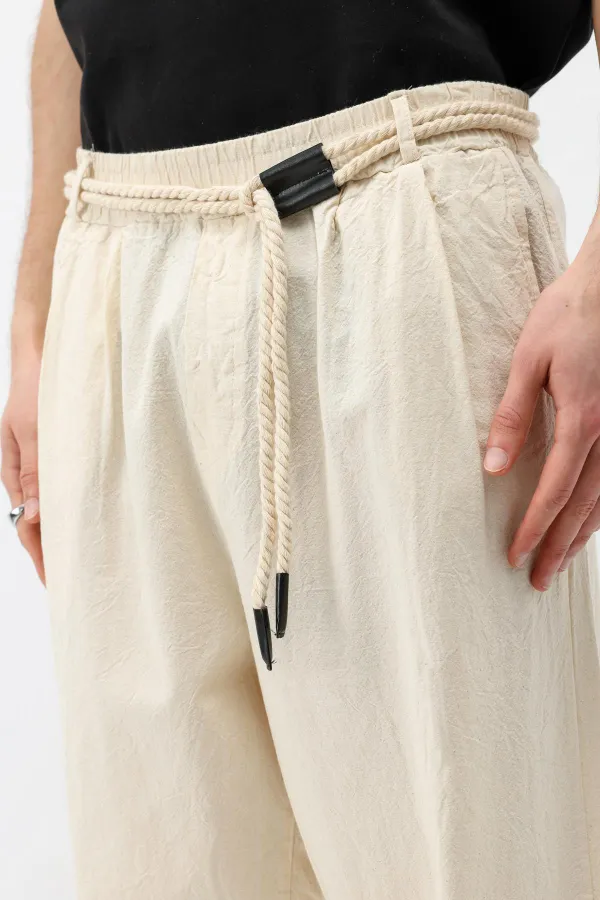Kemer Detaylı Oversize Keten Pantolon Naturel