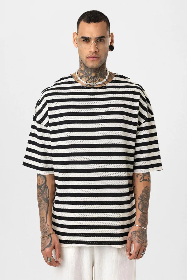 Striped Oversize Knit T-Shirt Black
