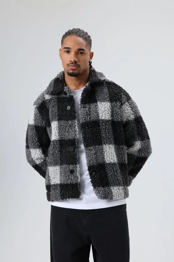 Veste oversize en peluche à carreaux noirs