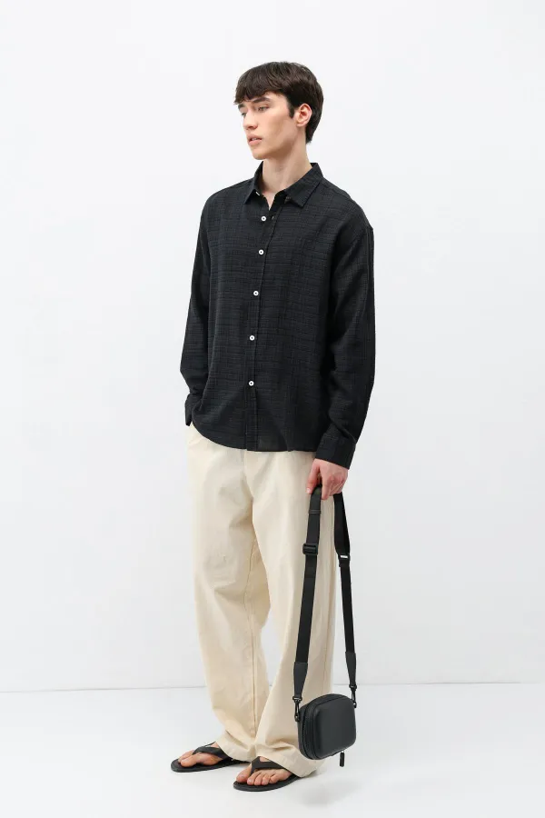 Textured Linen Look Oversize Shirt Black