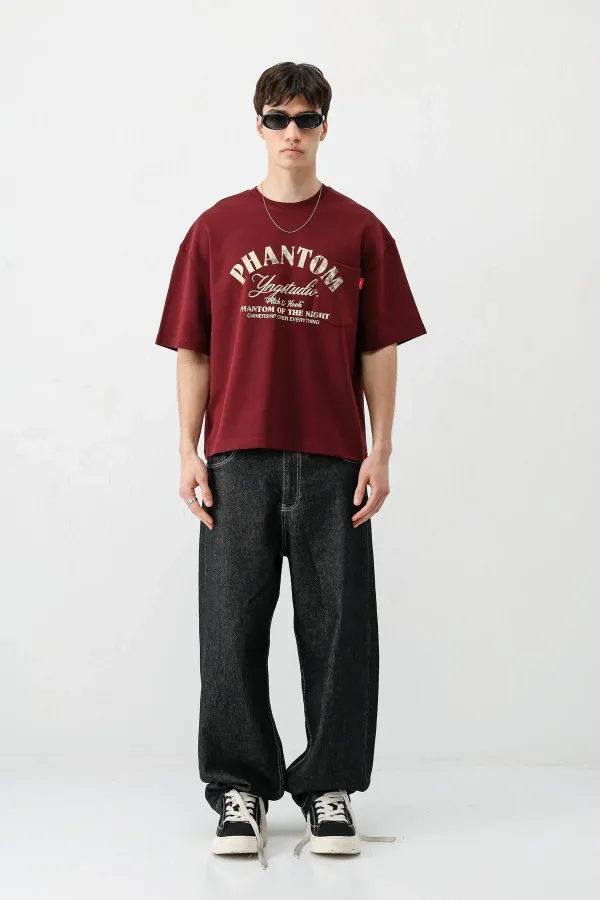 Kısa Kollu Boxy Fit Baskılı Tişört Bordo