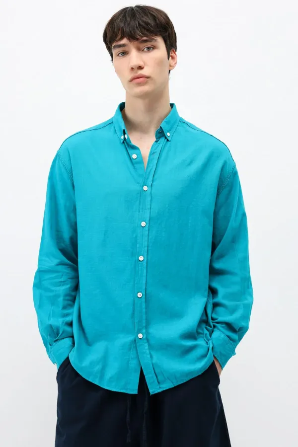 Basic Oversize Pamuk  Keten Gömlek Turkuaz