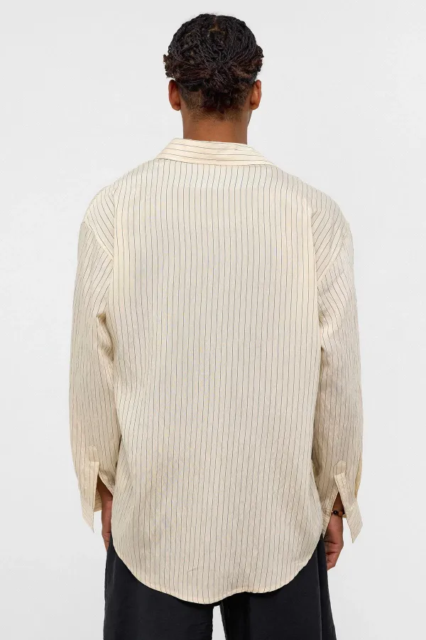 Oversize Çizgili Uzun Kollu Gömlek Bej