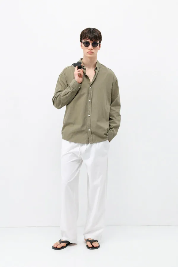 Chemise basique oversize en coton et lin kaki