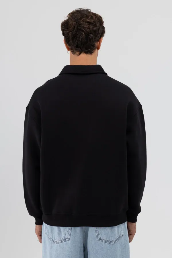 Basic Polo Yaka Sweatshirt Siyah