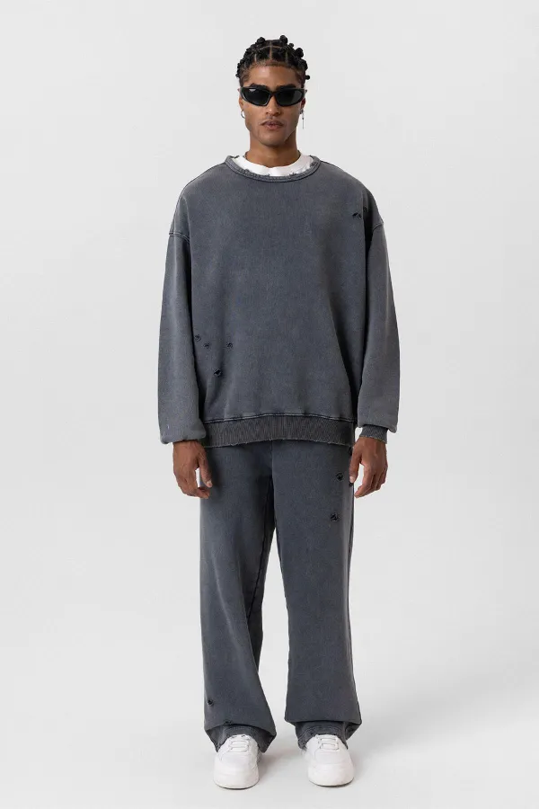 Premıum Yıkamalı Yırtık Detaylı Oversize Eşofman Takım Siyah